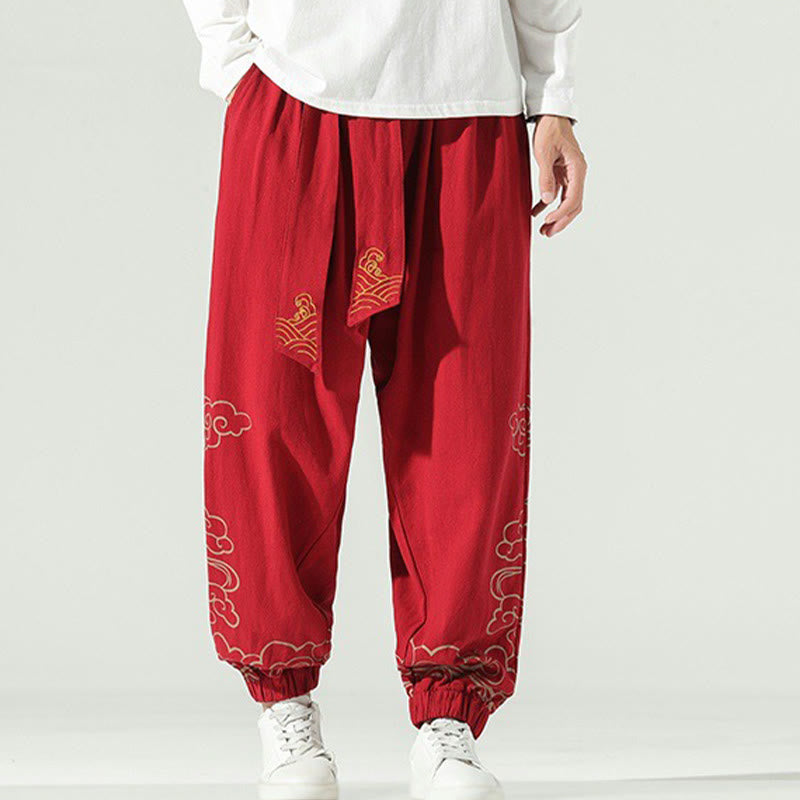 Nimara Ritual Auspicious Clouds Cotton Linen Men's Drawstring Harem Pants With Pockets