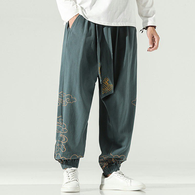 Nimara Ritual Auspicious Clouds Cotton Linen Men's Drawstring Harem Pants With Pockets