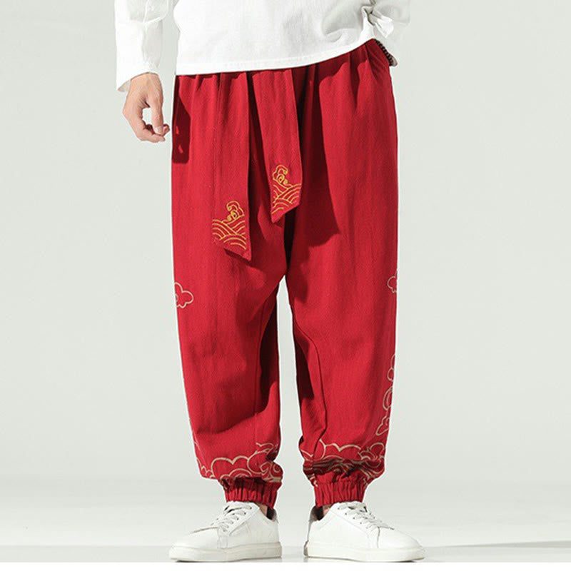 Nimara Ritual Auspicious Clouds Cotton Linen Men's Drawstring Harem Pants With Pockets