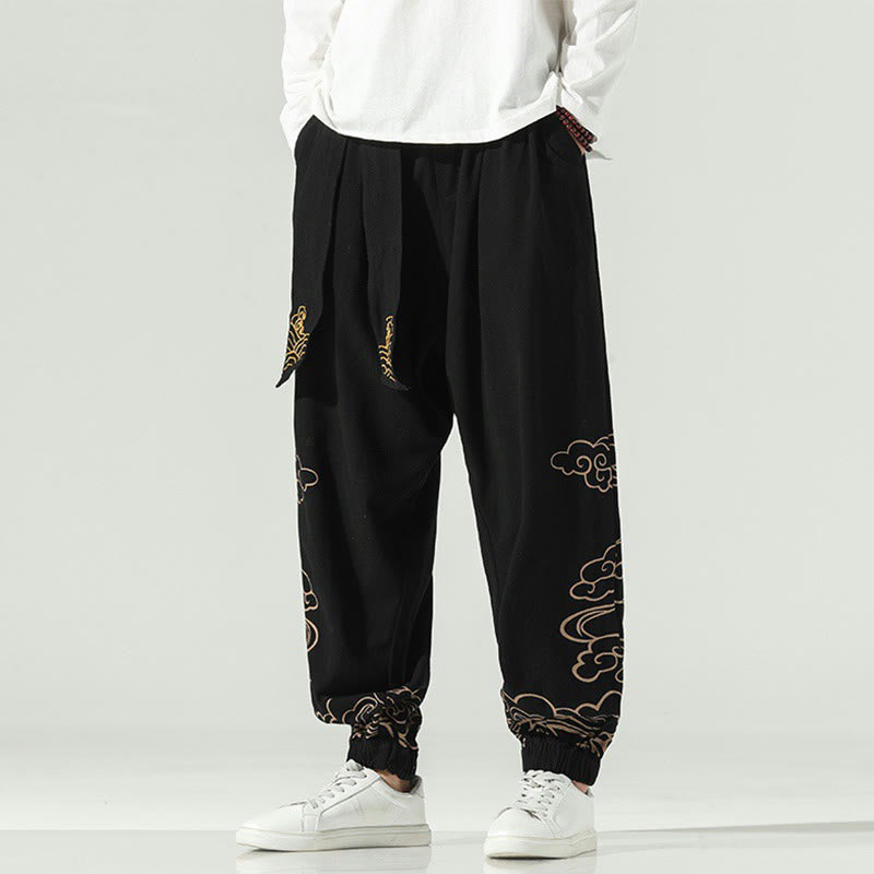 Nimara Ritual Auspicious Clouds Cotton Linen Men's Drawstring Harem Pants With Pockets