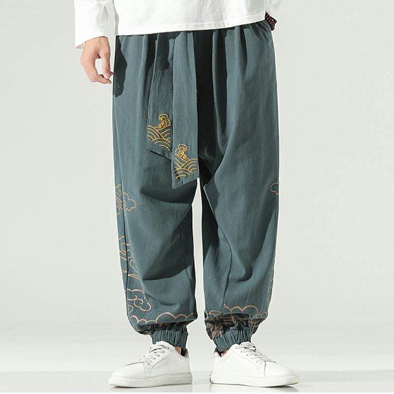 Nimara Ritual Auspicious Clouds Cotton Linen Men's Drawstring Harem Pants With Pockets