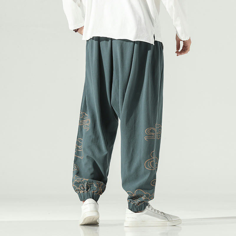Nimara Ritual Auspicious Clouds Cotton Linen Men's Drawstring Harem Pants With Pockets