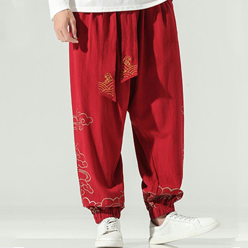 Nimara Ritual Auspicious Clouds Cotton Linen Men's Drawstring Harem Pants With Pockets