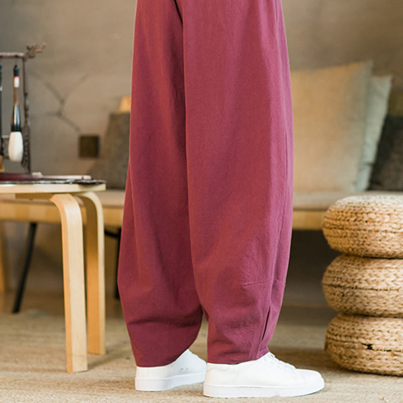 Nimara Ritual Solid Color Cotton Linen Drawstring Men's Harem Pants With Pockets