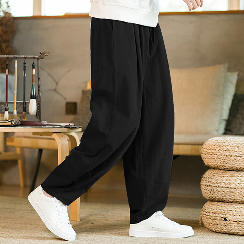 Nimara Ritual Solid Color Cotton Linen Drawstring Men's Harem Pants With Pockets