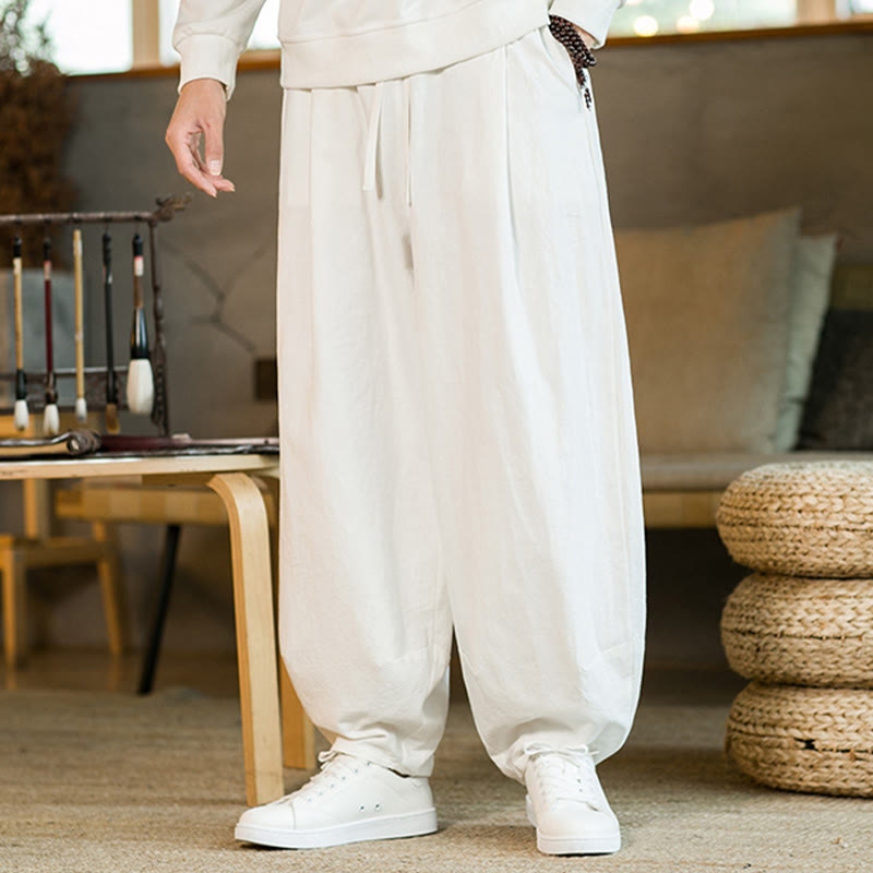 Nimara Ritual Solid Color Cotton Linen Drawstring Men's Harem Pants With Pockets