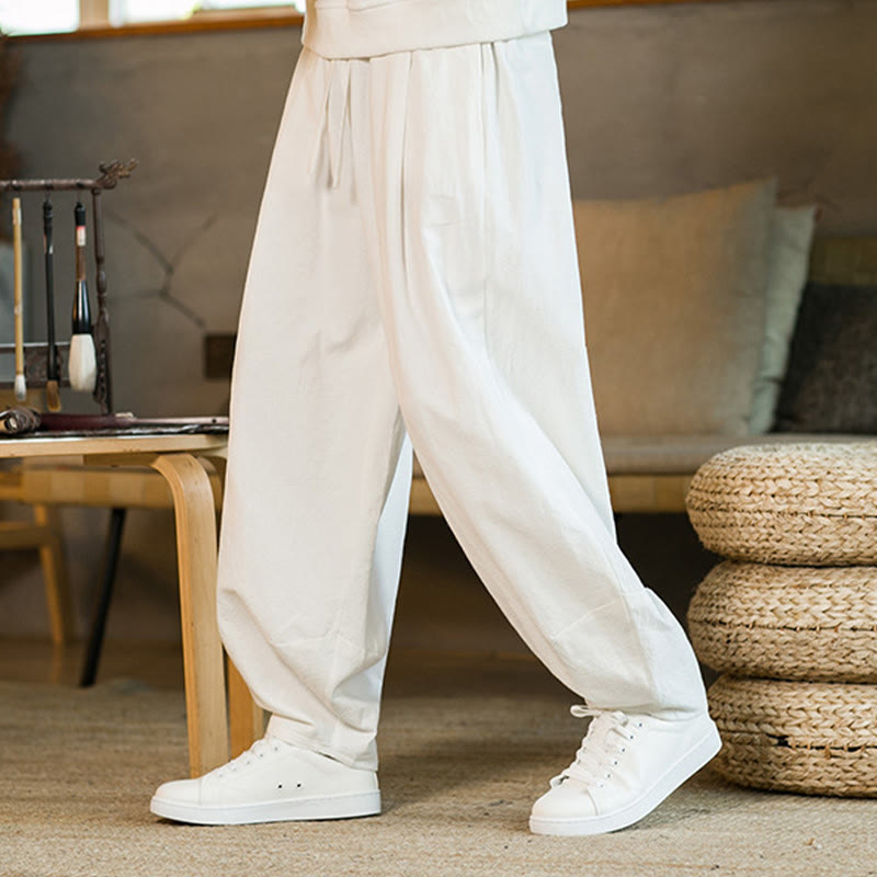Nimara Ritual Solid Color Cotton Linen Drawstring Men's Harem Pants With Pockets