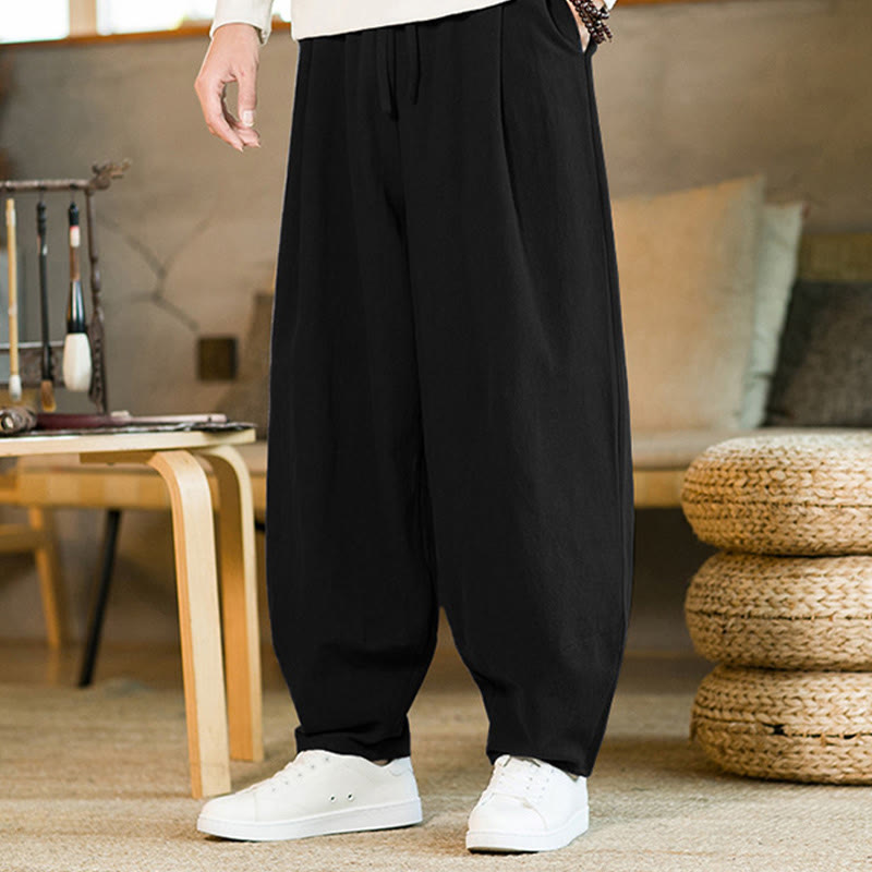 Nimara Ritual Solid Color Cotton Linen Drawstring Men's Harem Pants With Pockets