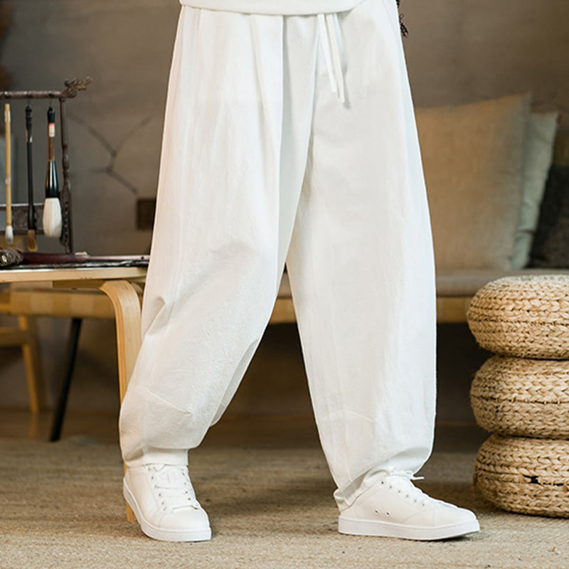 Nimara Ritual Solid Color Cotton Linen Drawstring Men's Harem Pants With Pockets
