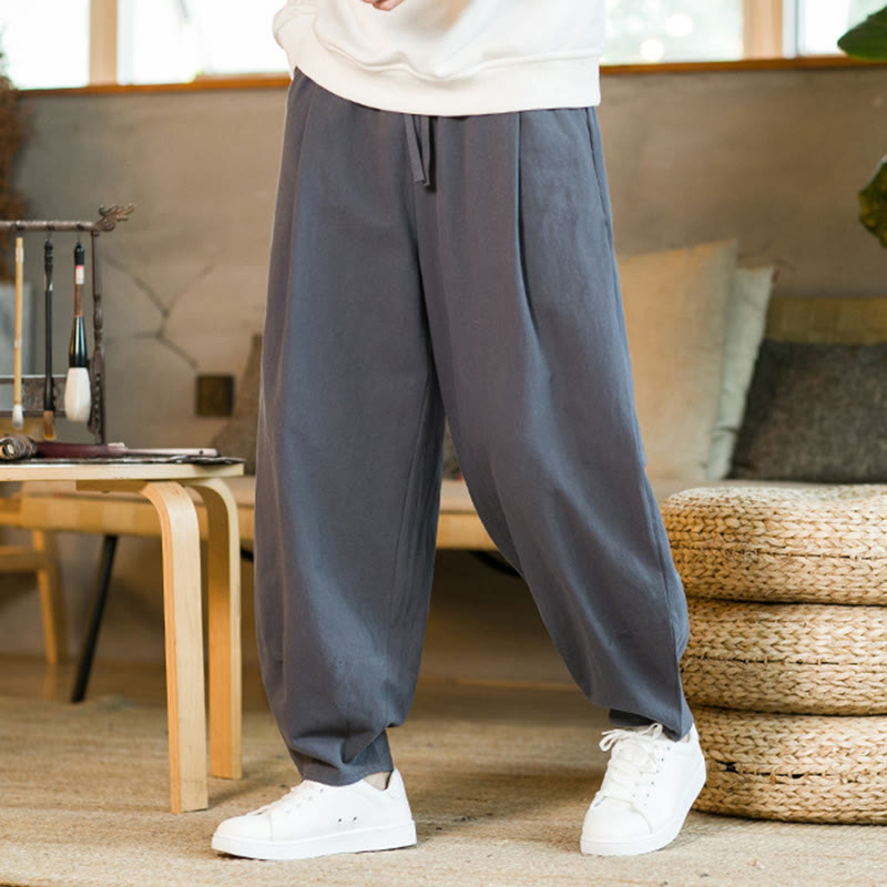 Nimara Ritual Solid Color Cotton Linen Drawstring Men's Harem Pants With Pockets