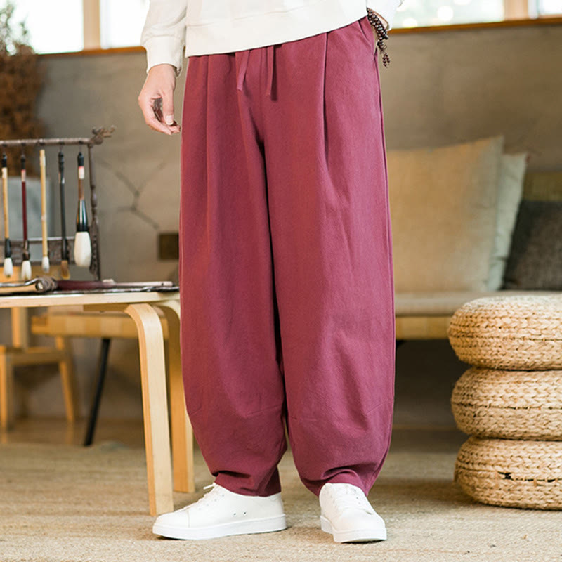 Nimara Ritual Solid Color Cotton Linen Drawstring Men's Harem Pants With Pockets