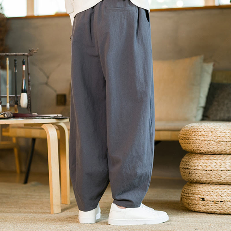 Nimara Ritual Solid Color Cotton Linen Drawstring Men's Harem Pants With Pockets