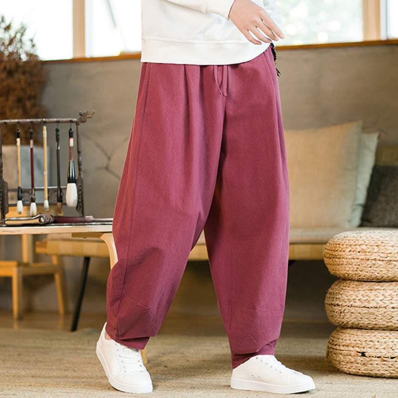 Nimara Ritual Solid Color Cotton Linen Drawstring Men's Harem Pants With Pockets
