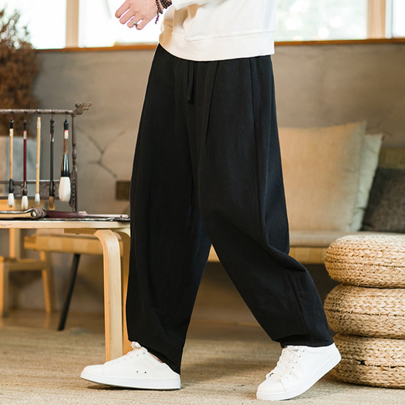 Nimara Ritual Solid Color Cotton Linen Drawstring Men's Harem Pants With Pockets