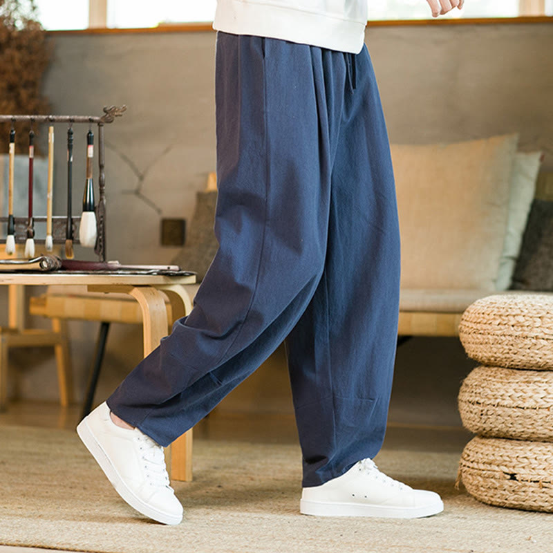 Nimara Ritual Solid Color Cotton Linen Drawstring Men's Harem Pants With Pockets