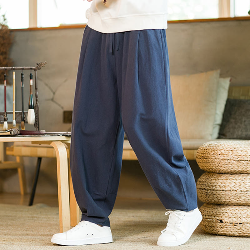 Nimara Ritual Solid Color Cotton Linen Drawstring Men's Harem Pants With Pockets