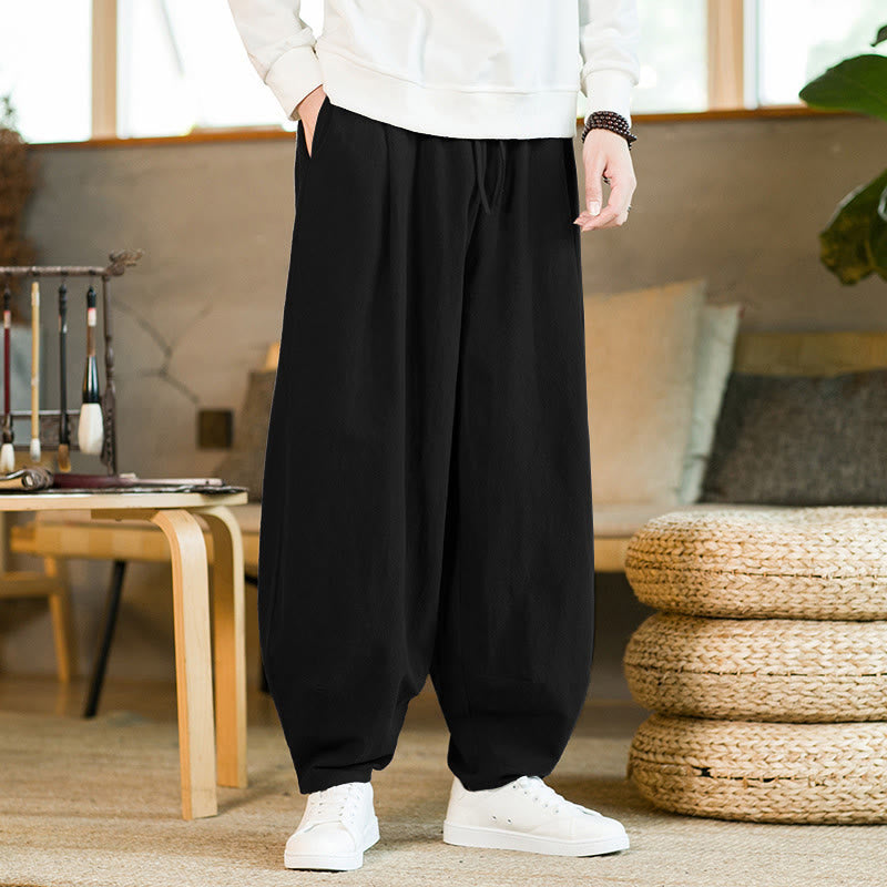 Nimara Ritual Solid Color Cotton Linen Drawstring Men's Harem Pants With Pockets