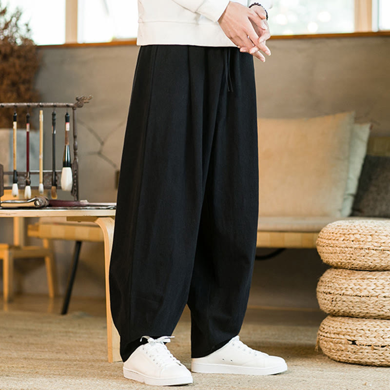 Nimara Ritual Solid Color Cotton Linen Drawstring Men's Harem Pants With Pockets