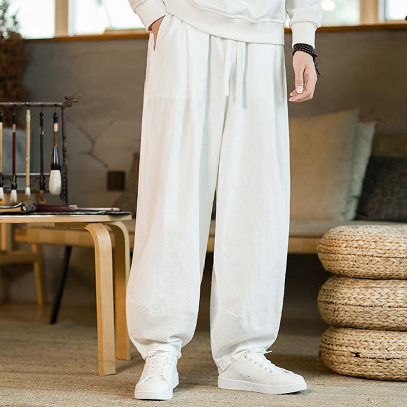 Nimara Ritual Solid Color Cotton Linen Drawstring Men's Harem Pants With Pockets