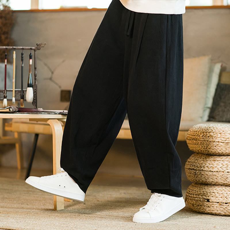 Nimara Ritual Solid Color Cotton Linen Drawstring Men's Harem Pants With Pockets