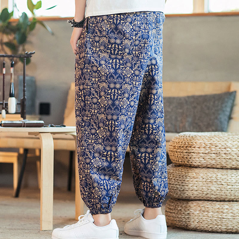 Nimara Ritual Golden Mandala Pattern Drawstring Men's Harem Pants With Pockets