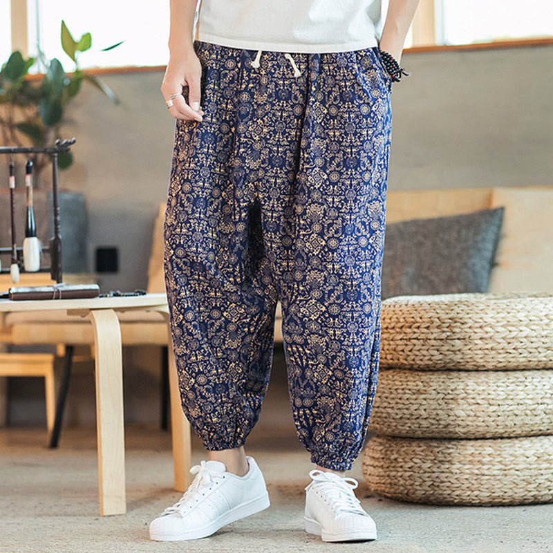 Nimara Ritual Golden Mandala Pattern Drawstring Men's Harem Pants With Pockets