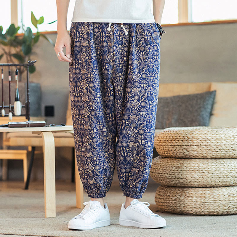 Nimara Ritual Golden Mandala Pattern Drawstring Men's Harem Pants With Pockets