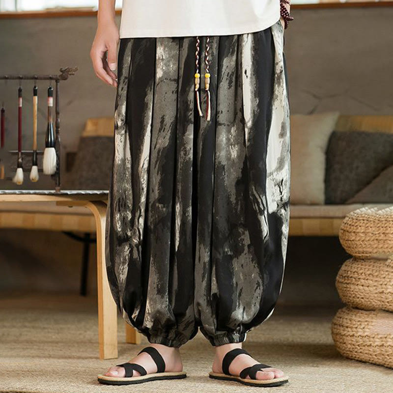 Nimara Ritual Black White Ink Gradient Cotton Linen Braided Drawstring Men's Harem Pants With Pockets