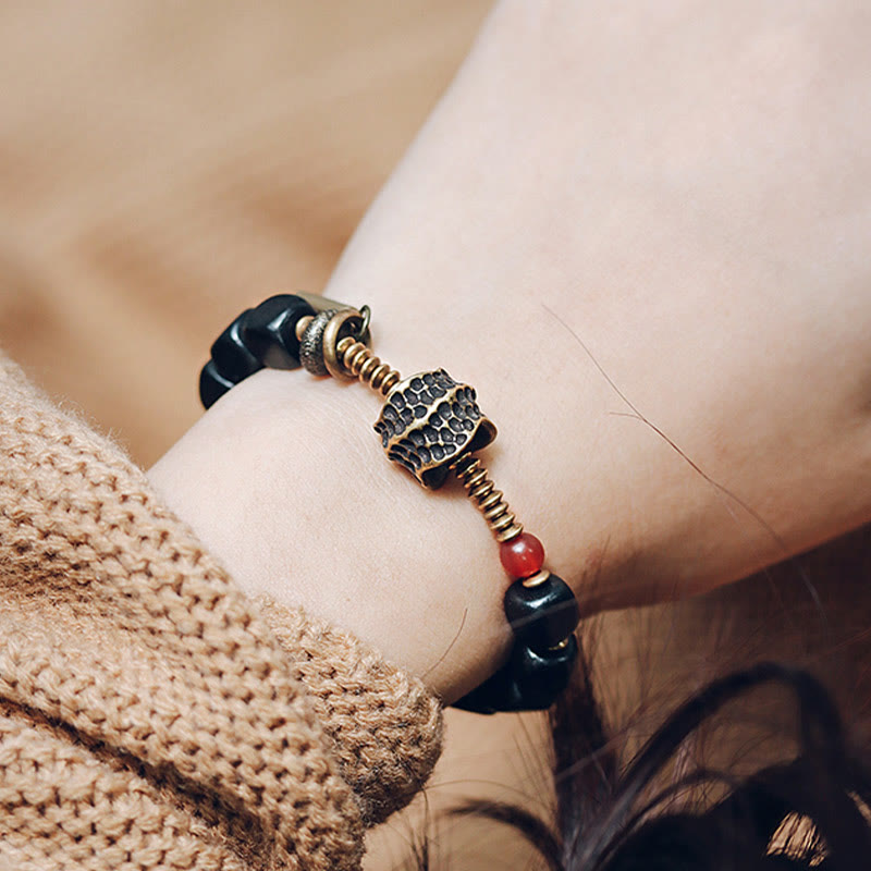 Nimara Ritual Ebony Wood Copper Brass Red Agate Peace Bracelet