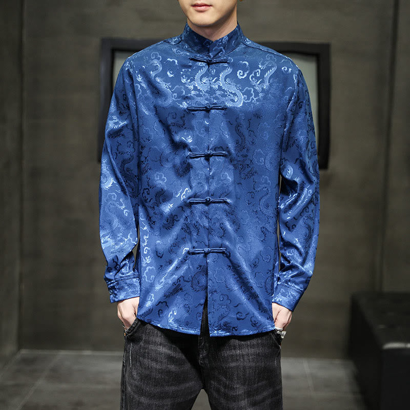 Nimara Ritual Casual Dragon Pattern Frog-button Tang Suit Linen Men's Jacket Shirt