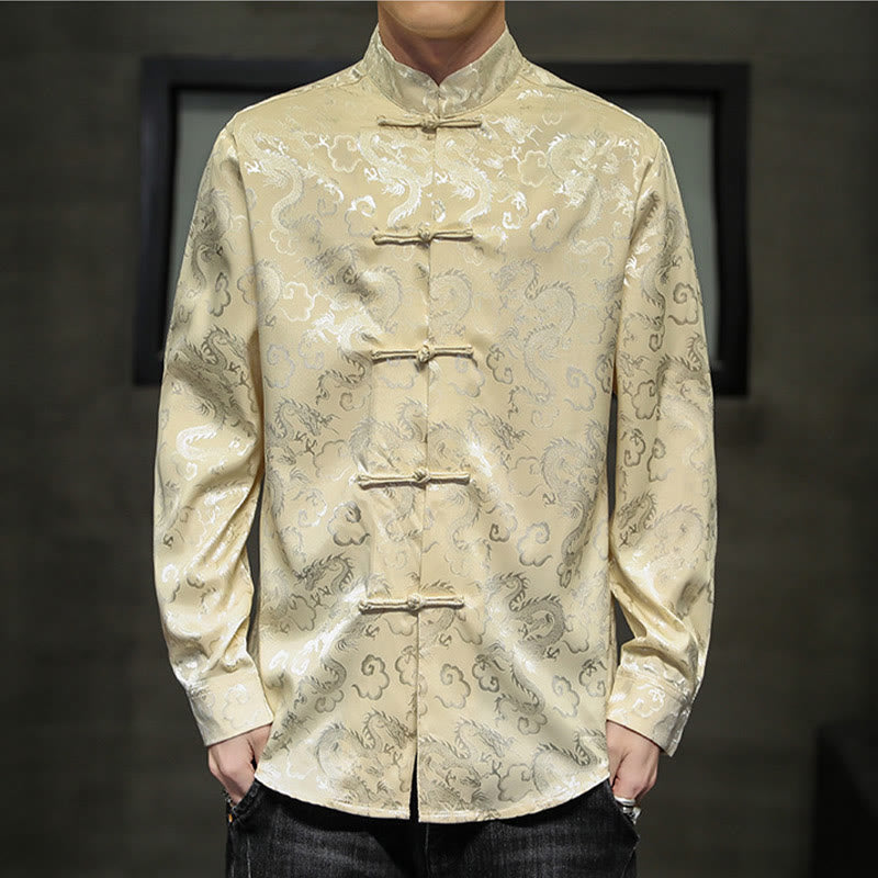 Nimara Ritual Casual Dragon Pattern Frog-button Tang Suit Linen Men's Jacket Shirt