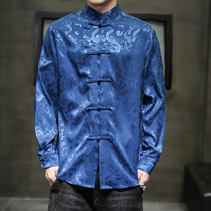 Nimara Ritual Casual Dragon Pattern Frog-button Tang Suit Linen Men's Jacket Shirt