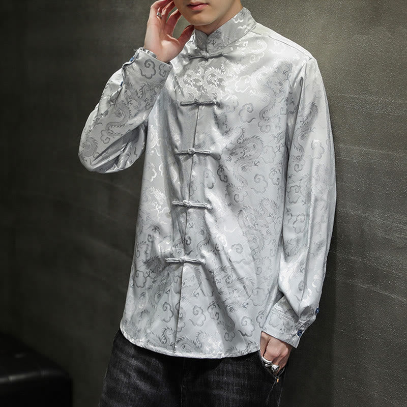 Nimara Ritual Casual Dragon Pattern Frog-button Tang Suit Linen Men's Jacket Shirt