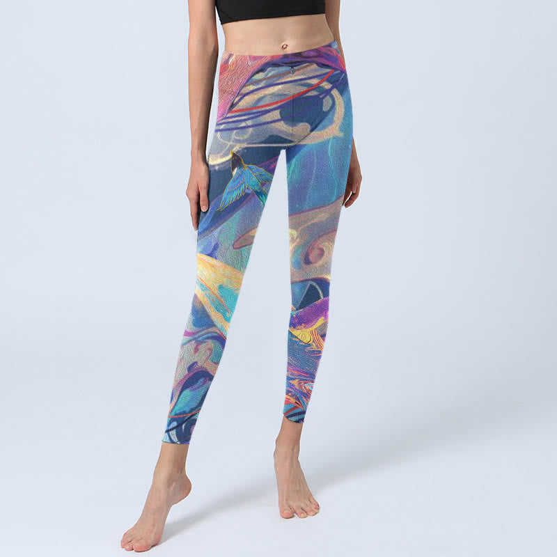 Nimara Ritual Whales Swallows Waves Print Gym Leggings Women's Yoga Pants