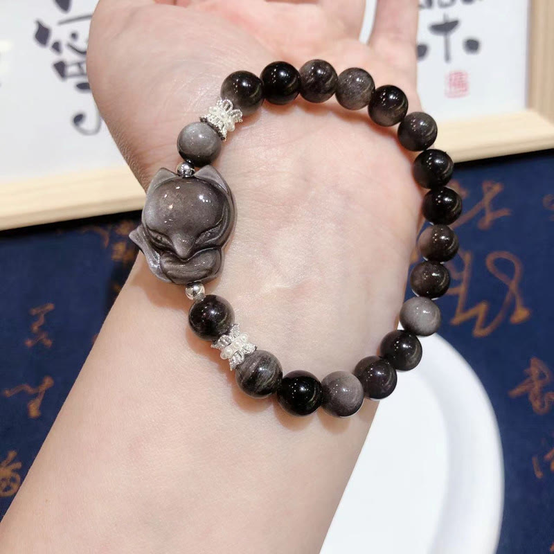 Nimara Ritual Natural Silver Sheen Obsidian Nine Tailed Fox Communication Bracelet