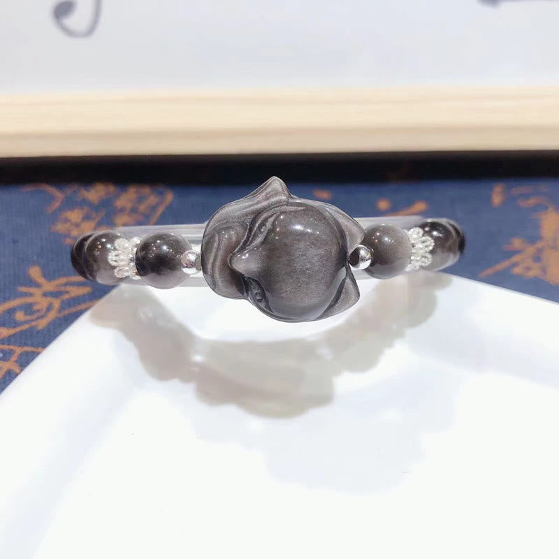 Nimara Ritual Natural Silver Sheen Obsidian Nine Tailed Fox Communication Bracelet