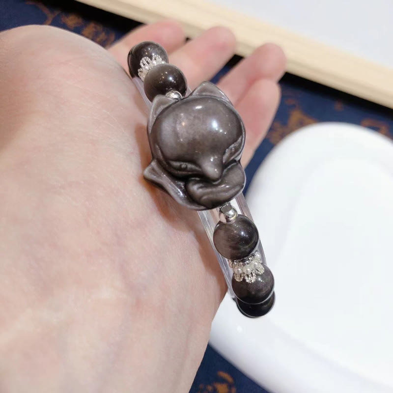 Nimara Ritual Natural Silver Sheen Obsidian Nine Tailed Fox Communication Bracelet