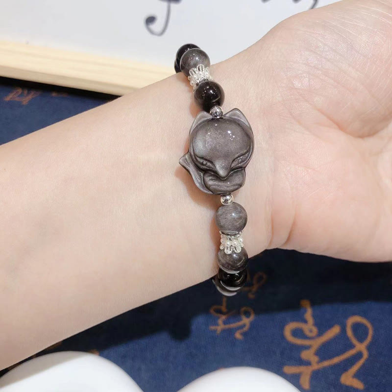 Nimara Ritual Natural Silver Sheen Obsidian Nine Tailed Fox Communication Bracelet