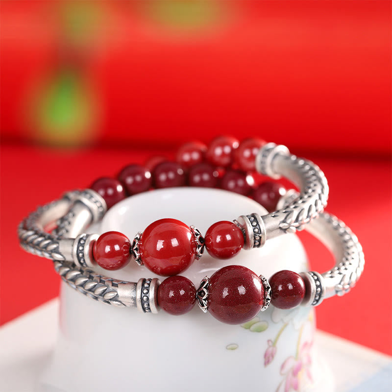 Nimara Ritual 999 Sterling Silver Cinnabar Wheat Ears Blessing Bracelet Bangle