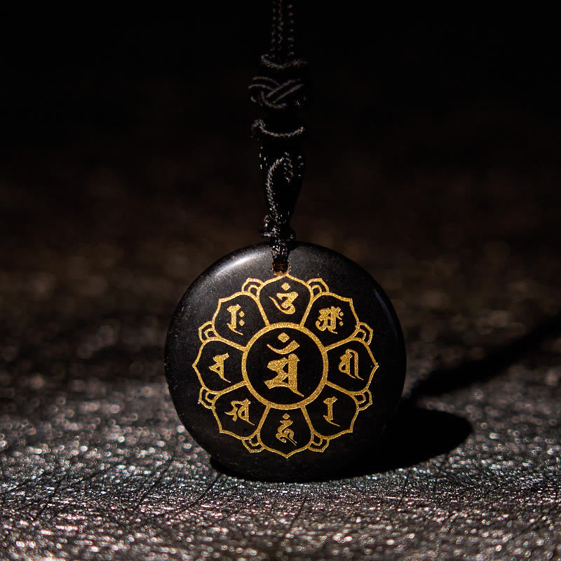 Nimara Ritual Om Mani Padme Hum Natural Various Crystal Black Obsidian Strength Necklace Pendant
