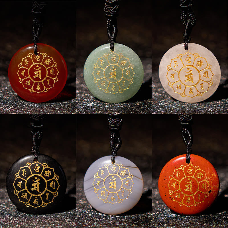 Nimara Ritual Om Mani Padme Hum Natural Various Crystal Black Obsidian Strength Necklace Pendant