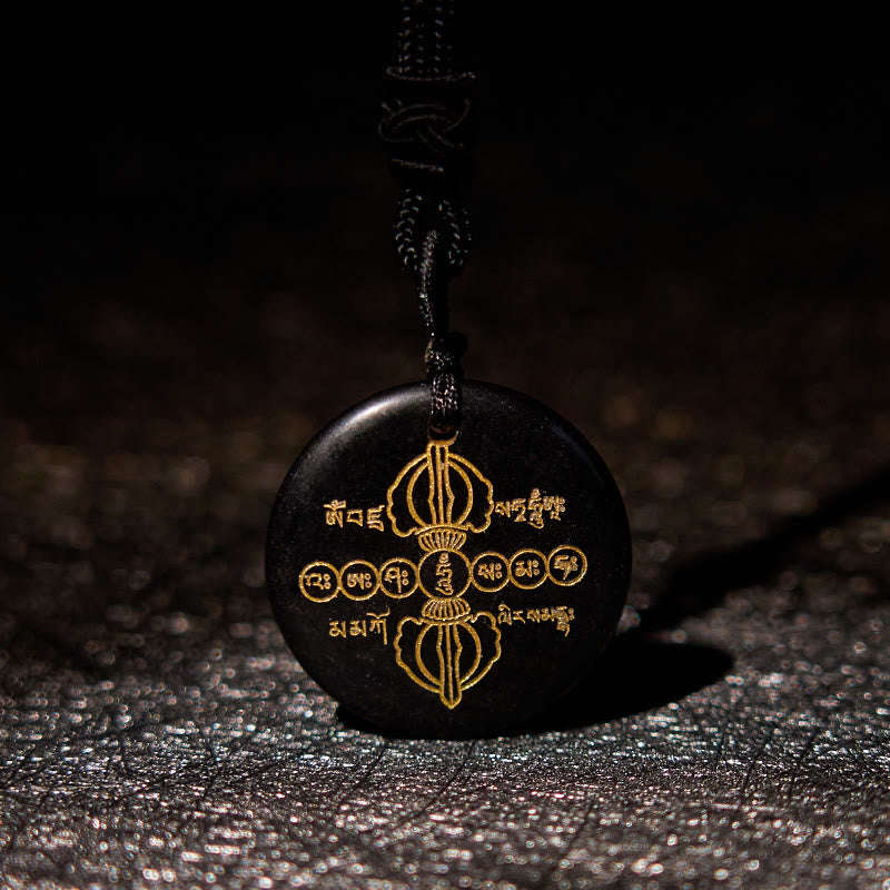 Nimara Ritual Vajra Dorje Sanskrit Pattern Natural Various Crystal Black Obsidian Fulfilment Necklace Pendant