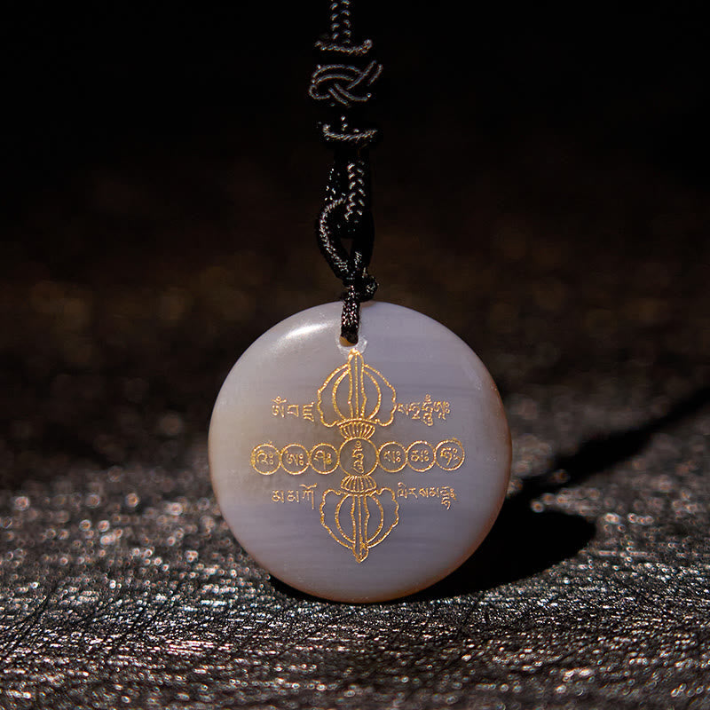 Nimara Ritual Vajra Dorje Sanskrit Pattern Natural Various Crystal Black Obsidian Fulfilment Necklace Pendant
