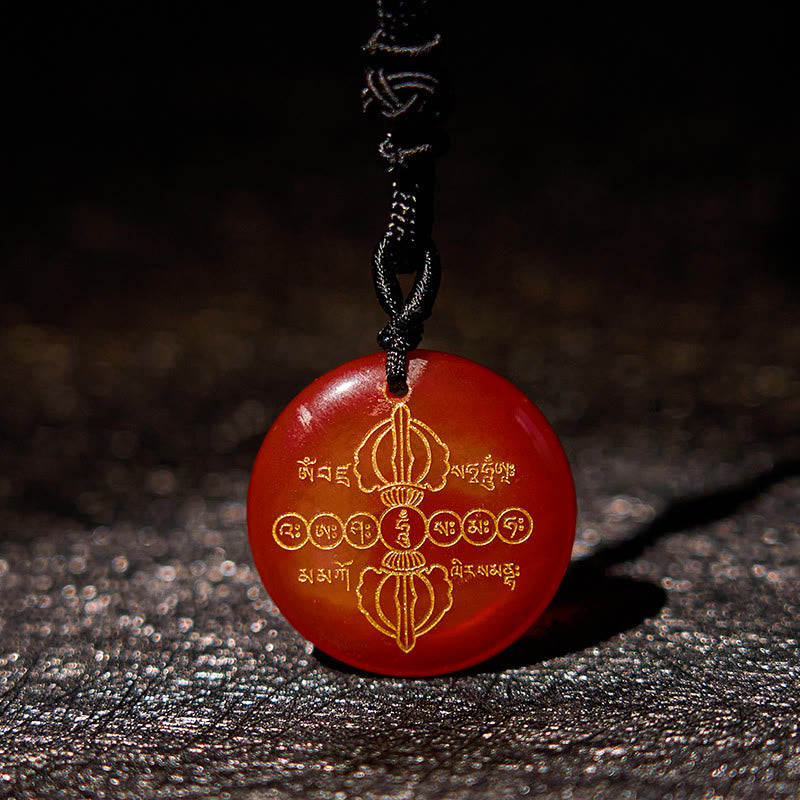 Nimara Ritual Vajra Dorje Sanskrit Pattern Natural Various Crystal Black Obsidian Fulfilment Necklace Pendant