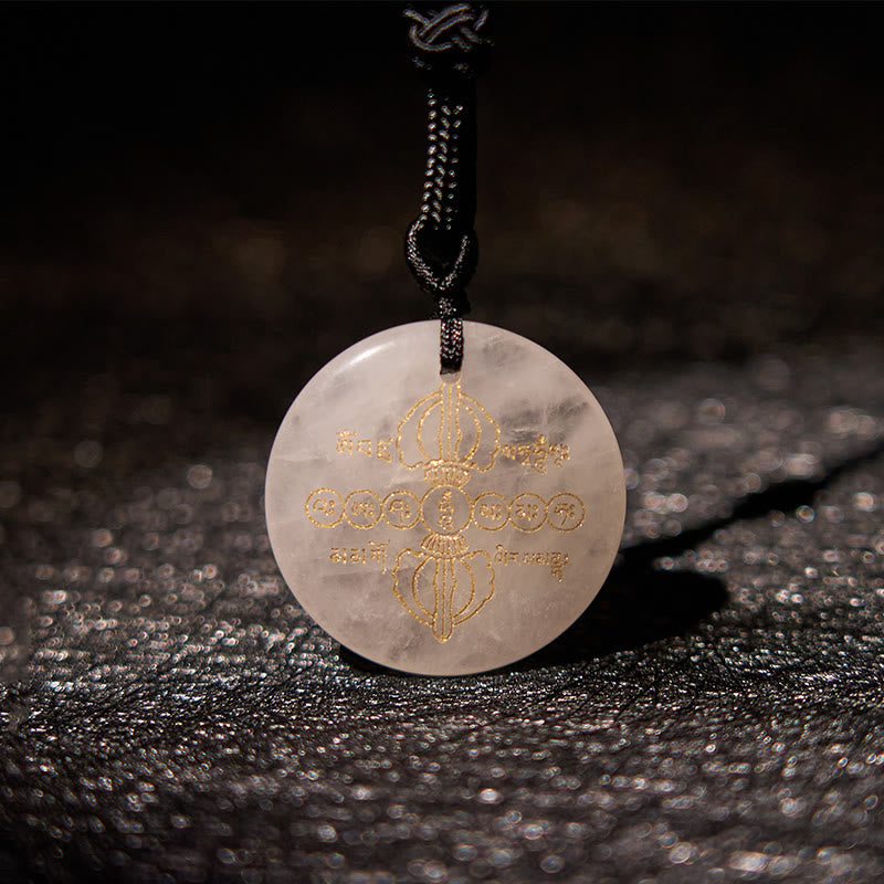 Nimara Ritual Vajra Dorje Sanskrit Pattern Natural Various Crystal Black Obsidian Fulfilment Necklace Pendant