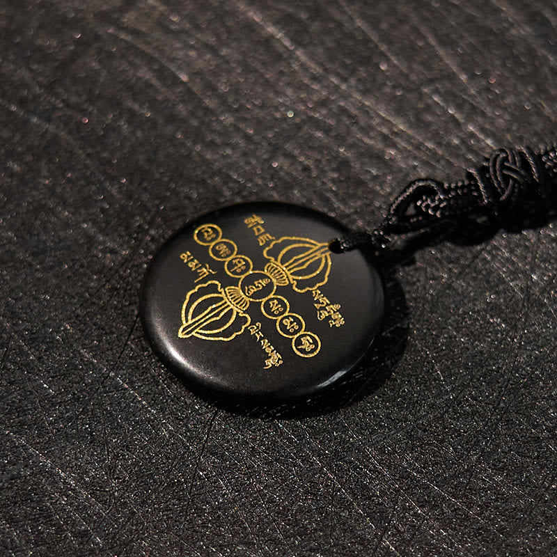 Nimara Ritual Vajra Dorje Sanskrit Pattern Natural Various Crystal Black Obsidian Fulfilment Necklace Pendant