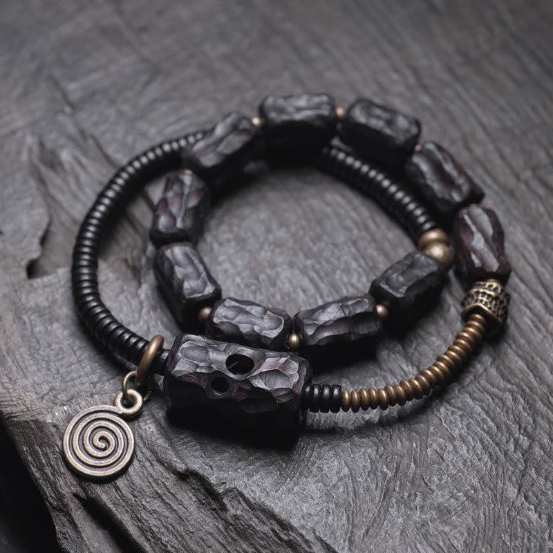 Nimara Ritual Ebony Wood Copper Brass Red Agate Peace Double Wrap Bracelet