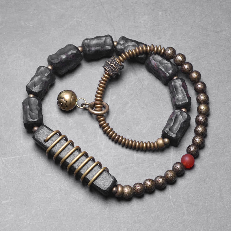 Nimara Ritual Ebony Wood Copper Brass Red Agate Peace Double Wrap Bracelet