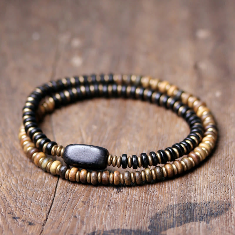Nimara Ritual Ebony Wood Green Sandalwood Copper Brass Calm Double Wrap Bracelet