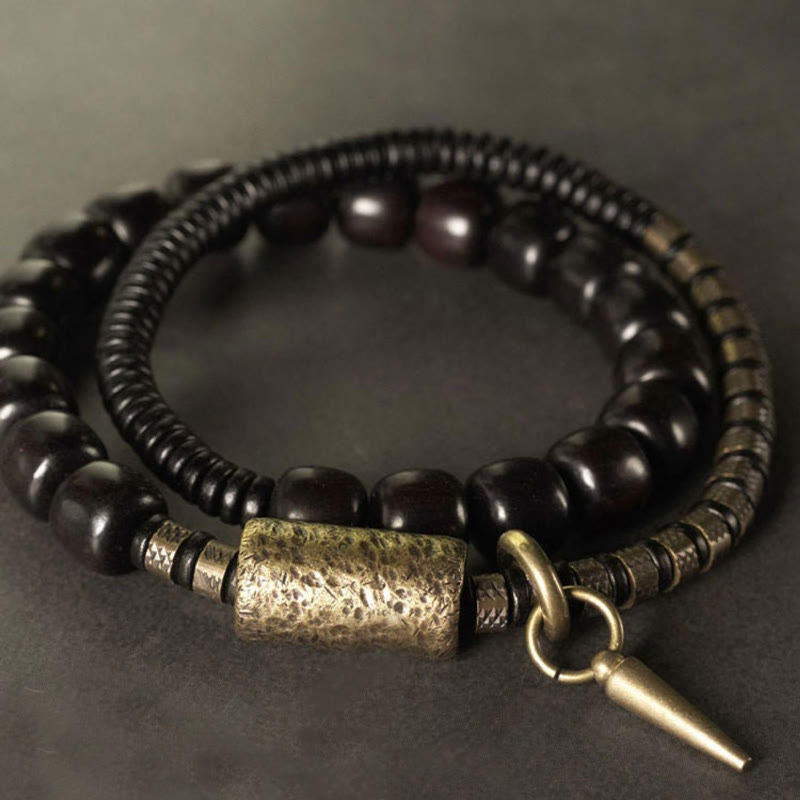 Nimara Ritual Ebony Wood Copper Brass Vintage Bead Cone Double Wrap Balance Bracelet
